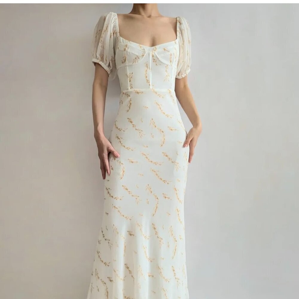 SABO STITCH Short Puff Sleeve Long Ivory Summer Maxi Dress Size US S